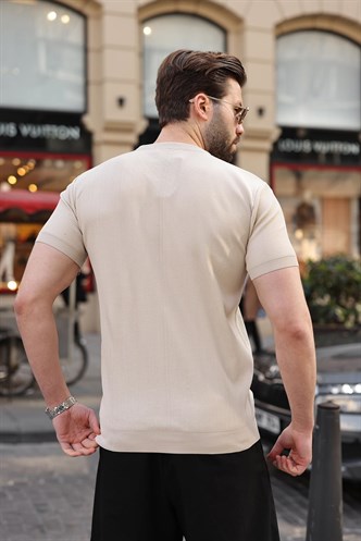 Taş Rengi Bisiklet Yaka Fitilli Erkek Tişört E7474