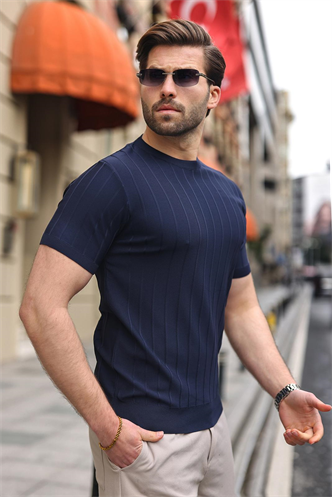 Madmext Men Navy Blue T-Shirt 5684