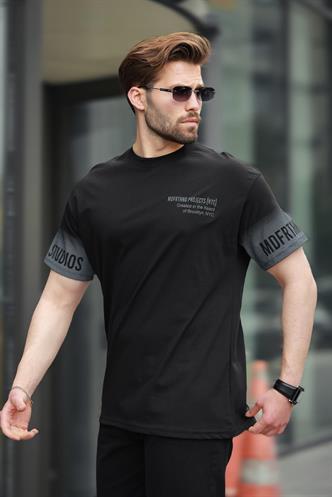Siyah %100 Pamuklu Baskılı Erkek Tişört E7143