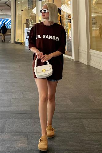 Acı Kahve Oversize Baskılı Bisiklet Yaka Kısa Kollu Tişört MG2126