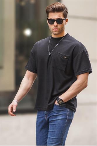 Siyah Erkek Cep Detaylı Oversize Tişört 6194