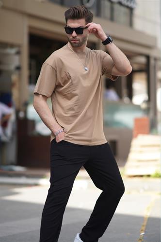 Vizon Bisiklet Yaka Baskılı Kısa Kollu Overfit Tişört 7036