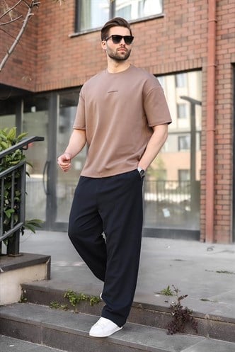 Kahverengi Bisiklet Yaka Oversize Erkek Tişört E7176