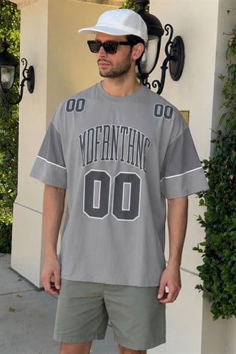Boyalı Gri Baskılı Pamuklu Oversize Erkek T-shirt 7035