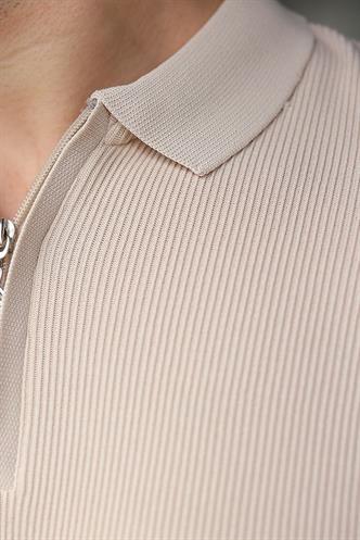 Taş Rengi Yarım Fermuarlı Polo Yaka Triko Erkek Tişört E7459