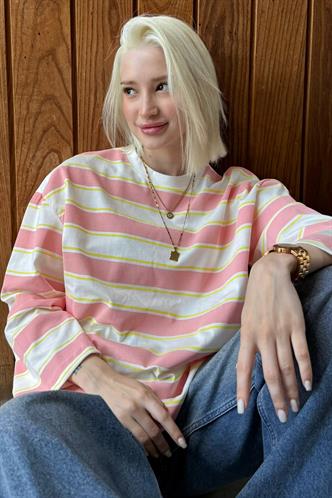 Pembe Bisiklet Yaka %100 Pamuklu Çizgili Uzun Kollu Tişört MG2362