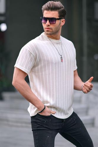 Ekru Oversize Bisiklet Yaka Erkek Tişört 6179