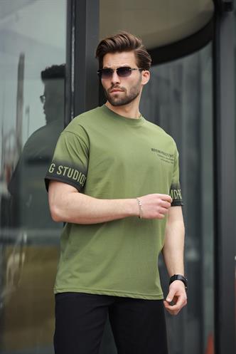 Haki Yeşili %100 Pamuklu Baskılı Erkek Tişört E7143
