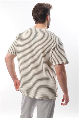 Haki Bisiklet Yaka Pamuklu Çizgili Erkek T-shirt E7121