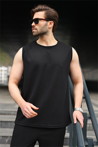 Siyah Bisiklet Yaka Jakarlı Kolsuz Erkek Tişört E7180