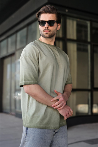 Haki %100 Pamuklu Bisiklet Yaka Oversize Erkek Tişört E7177