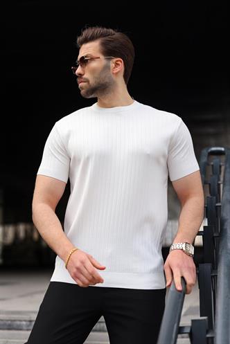Beyaz Bisiklet Yaka Triko Erkek Tişört E7460