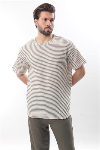 Gri Bisiklet Yaka Pamuklu Çizgili Erkek T-shirt E7121