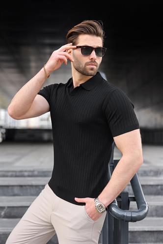 Siyah Polo Yaka Triko Erkek Tişört E7461