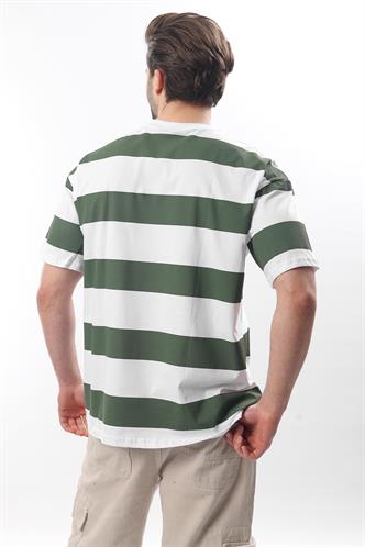 Haki Oversize Renk Bloklu Bisiklet Yaka Kısa Kollu Tişört 7030