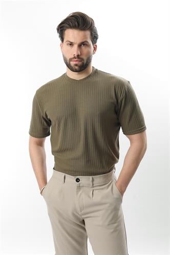 Haki Dokulu Çizgi Tasarım Bisiklet Yaka Erkek T-shirt E7122