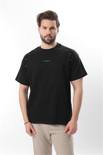 Siyah Baskılı Nakış Detaylı Erkek T-shirt E7108