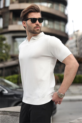 Beyaz Polo Yaka Triko Kısa Kollu Erkek Tişört E7463