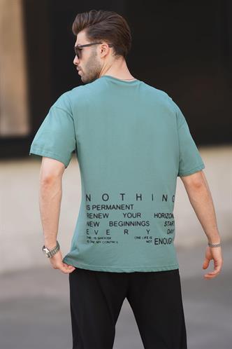 Yeşil Overfit Bisiklet Yaka Sırt Baskılı Kısa Kollu Erkek Tişört 7037