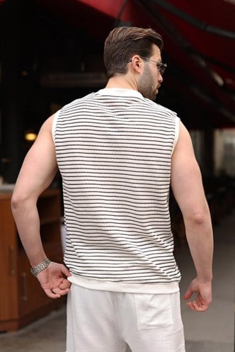 Beyaz V Yaka Çizgili Kolsuz Triko Tişört E7179