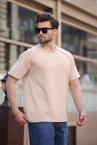 Bej Bisiklet Yaka Basic Erkek T-shirt E7138