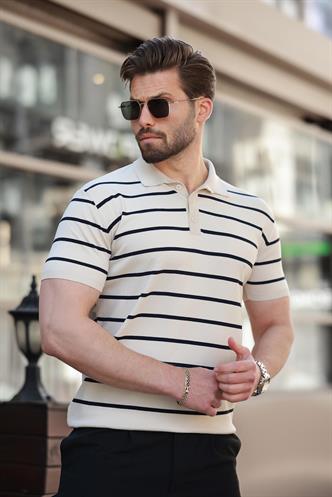 Bej Çizgili Polo Yaka Erkek T-shirt E7405