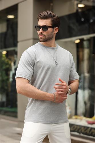 Gri  Bisiklet Yaka Basic Kısa Kollu Tişört 7042