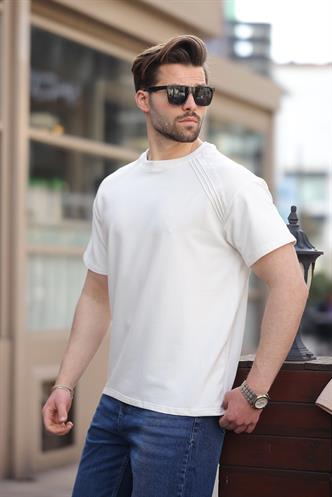 Ekru Bisiklet Yaka Basic Erkek T-shirt E7138