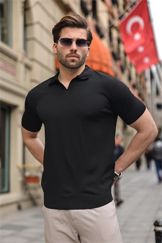 Siyah Polo Yaka Triko Kısa Kollu Erkek Tişört E7463