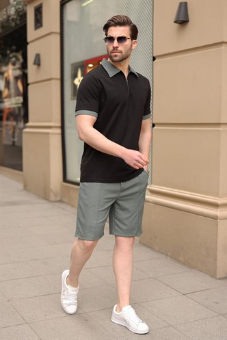 Siyah %100 Pamuklu Polo Yaka Şort Tişört Takım E7358