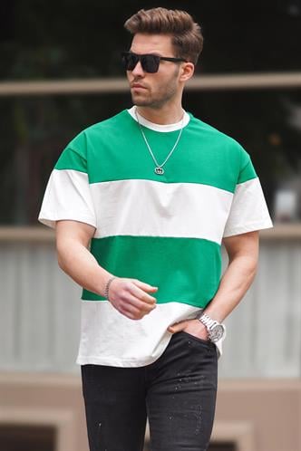 Yeşil Oversize Renk Bloklu Bisiklet Yaka Tişört 7020