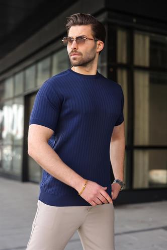 Lacivert Bisiklet Yaka Triko Erkek Tişört E7460