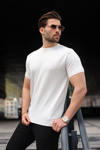 Beyaz Bisiklet Yaka Triko Erkek Tişört E7460