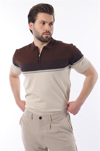 Kahverengi Fermuarlı Polo Yaka Desenli Erkek T-shirt E7296