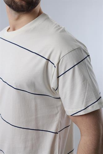 Ekru Bisiklet Yaka Basic Çizgili Erkek T-shirt E7102