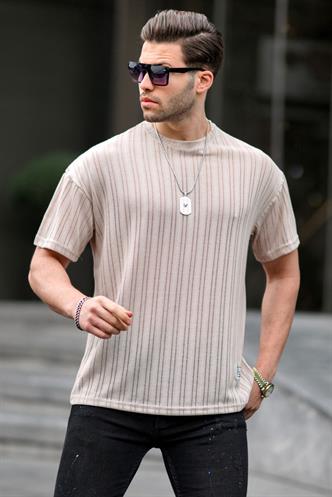 Bej Oversize Bisiklet Yaka Erkek Tişört 6179