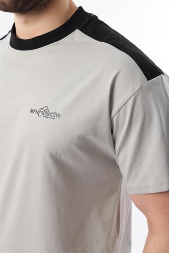 Madmext Boyalı Gri Bisiklet Yaka Baskılı Erkek Tişört E7114