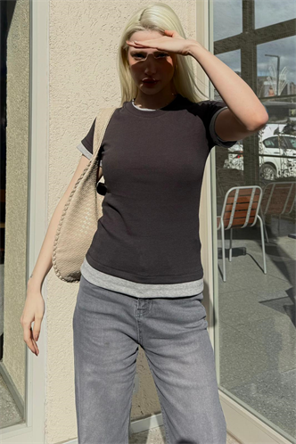 Siyah Bisiklet Yaka Çift Renkli Basic Tişört MG2682