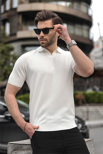 Beyaz Polo Yaka Triko Kısa Kollu Erkek Tişört E7463