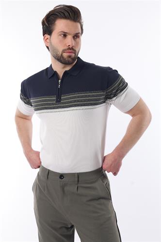 Lacivert Fermuarlı Polo Yaka Desenli Erkek T-shirt E7296