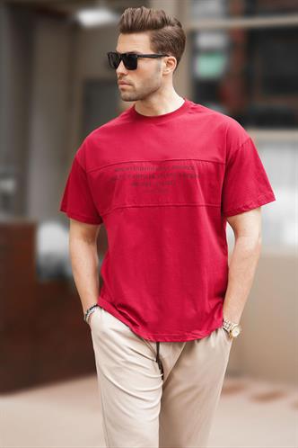 Bordo Oversize Bisiklet Yaka Baskılı Erkek Tişört 7018