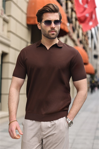 Acı Kahverengi Polo Yaka Triko Kısa Kollu Erkek Tişört E7463