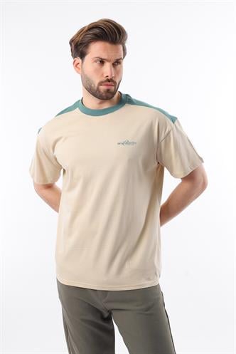 Madmext Bej Bisiklet Yaka Baskılı Erkek Tişört E7114