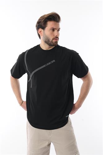 Siyah Bisiklet Yaka Şerit Detaylı Pamuklu Erkek T-shirt E7033