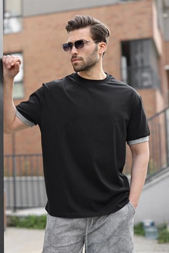 Siyah %100 Pamuklu Bisiklet Yaka Şort Tişört Takım E7359