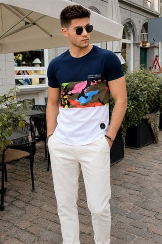 Madmext Navy Blue Camouflage T-shirt for Men 3003
