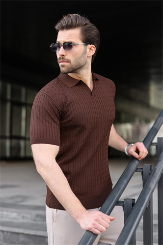 Kahverengi Slim Fit Polo Yaka Triko Erkek Tişört E7472