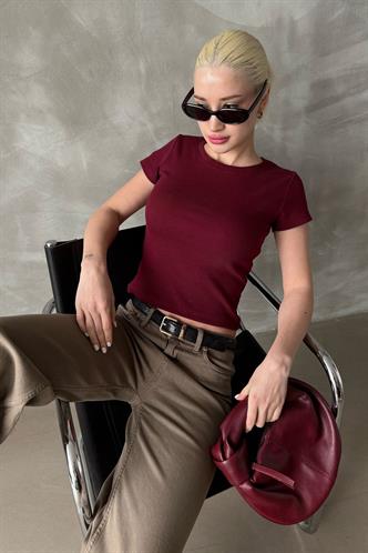 Bordo Geniş Yaka Fittili Basic Kadın T-shirt Mg2293