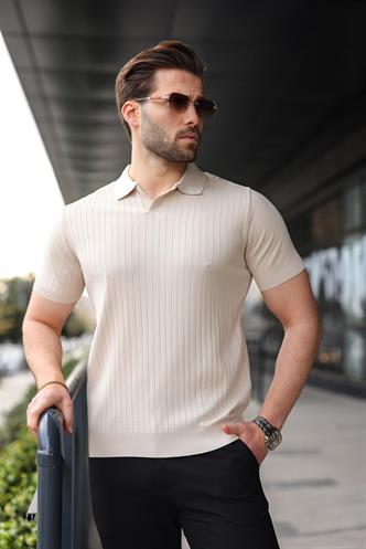 Taş Rengi Polo Yaka Triko Erkek Tişört E7461
