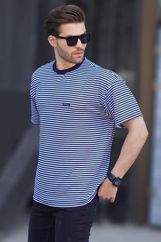 Lacivert Bisiklet Yaka Çizgili Kısa Kollu Arma Detaylı Erkek T-shirt 7031